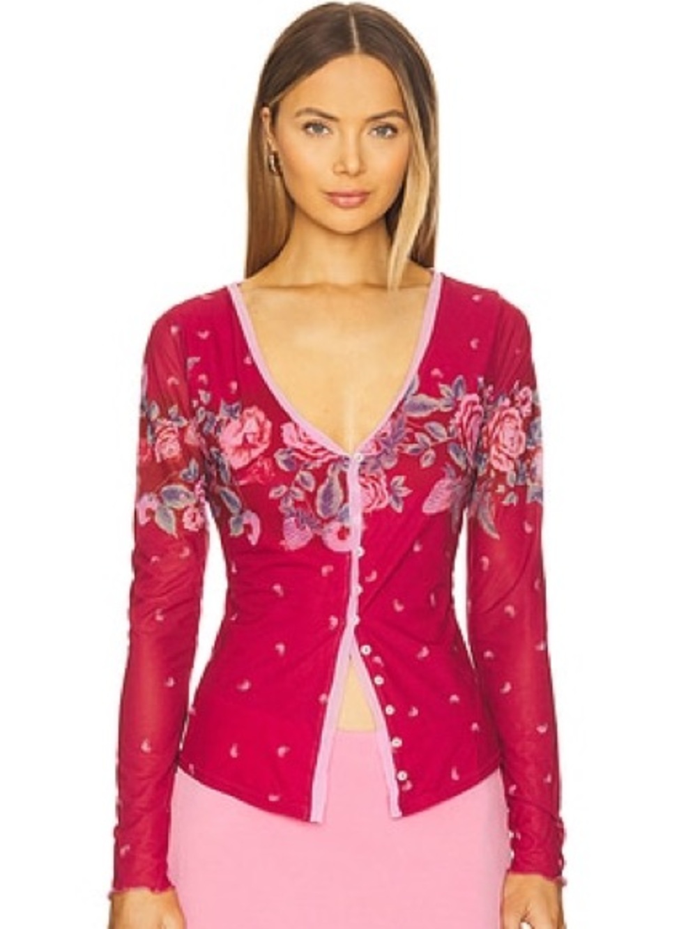 Free People Fuchsia Floral Embroidered Button-Down Top